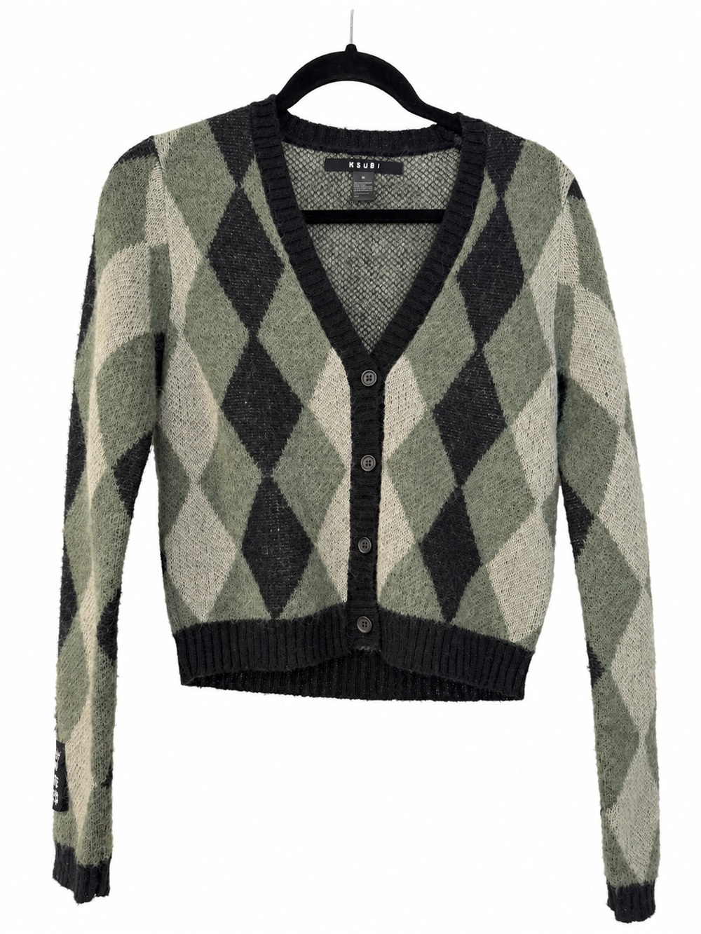 Ksubi Argyle V-Neck Crop Button Up Knit Sweater